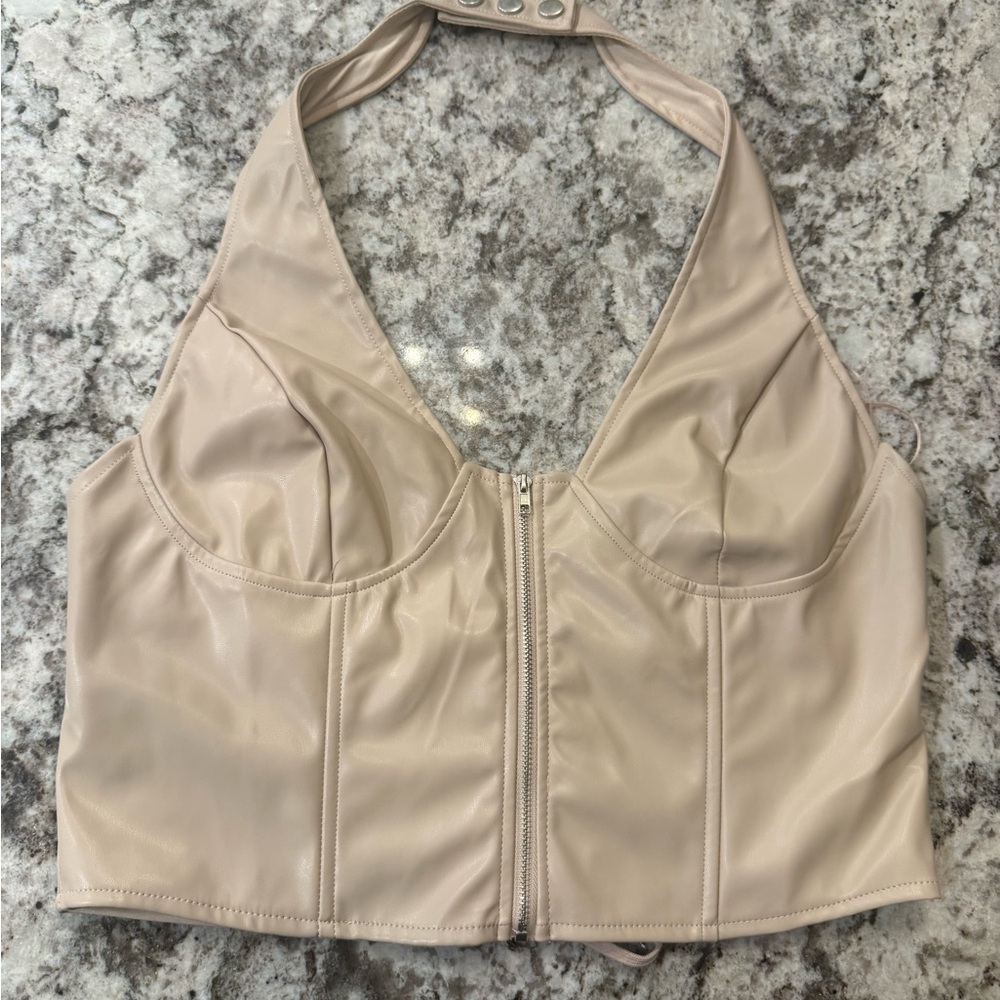 Beige Halter Top with Zipper